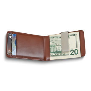 Brown Leather Folding 2-Slot Card Case with Men's Gifts Money Clip